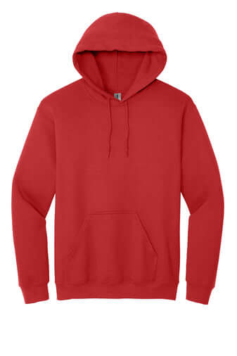 Red custom hoodie showcasing DTF printing options for stylish apparel in Texas.