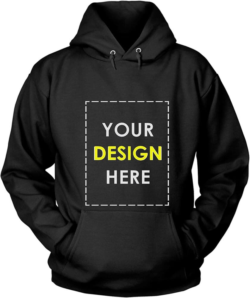 Custom black hoodie with a placeholder for your design. Perfect for personalized printing in Texas.