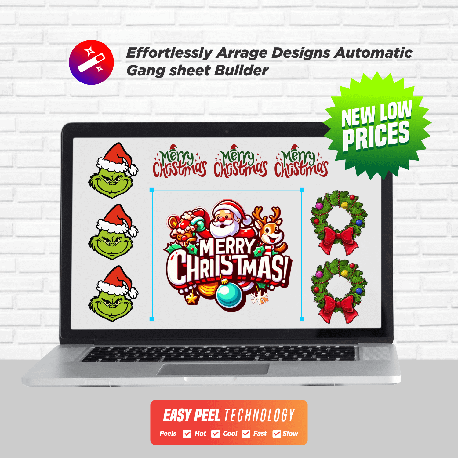 Laptop displaying DTF gang sheet builder with Christmas designs and new low prices banner.