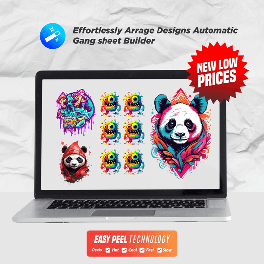 Laptop displaying vibrant designs on a gang sheet builder with a 'New Low Prices' banner.